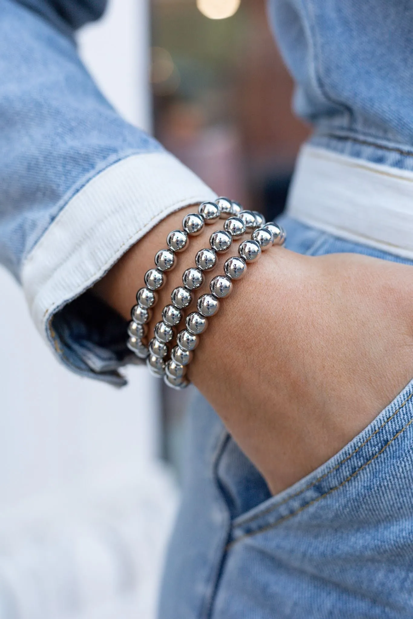 At Your Best Beaded Bracelet Stack - Silver