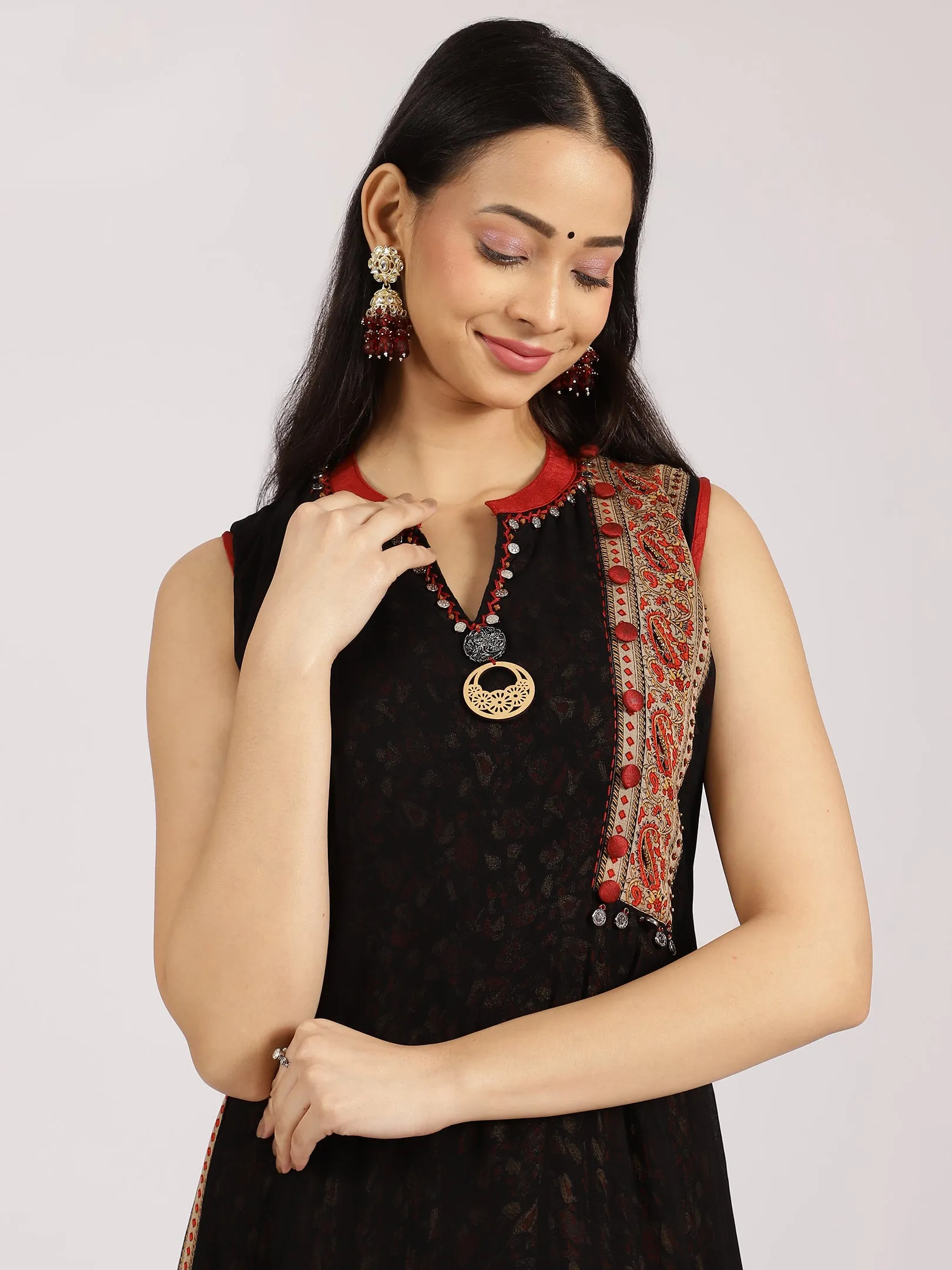 Black & Red Ethnic Printed Anarkali Maxi Dress