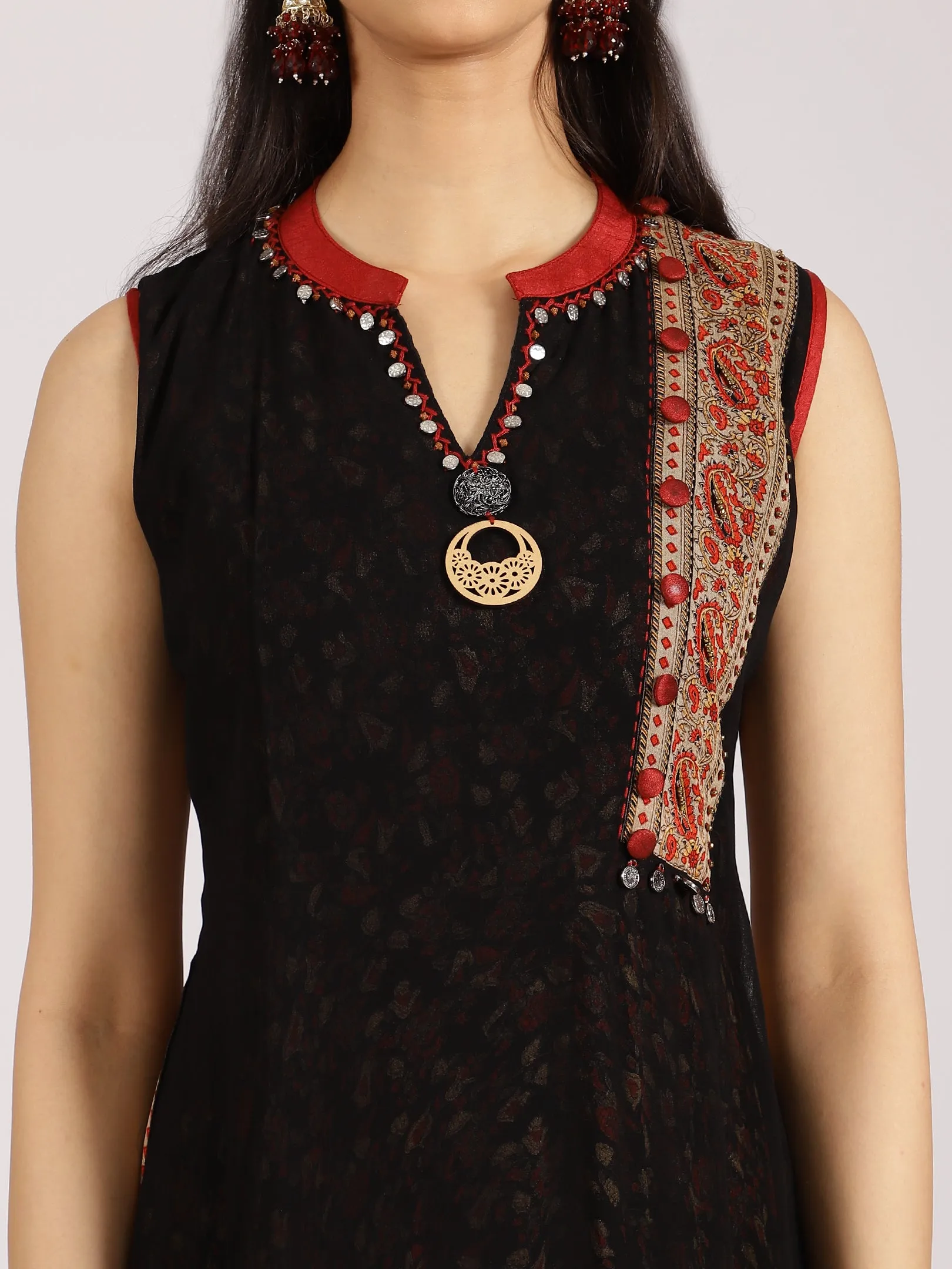 Black & Red Ethnic Printed Anarkali Maxi Dress