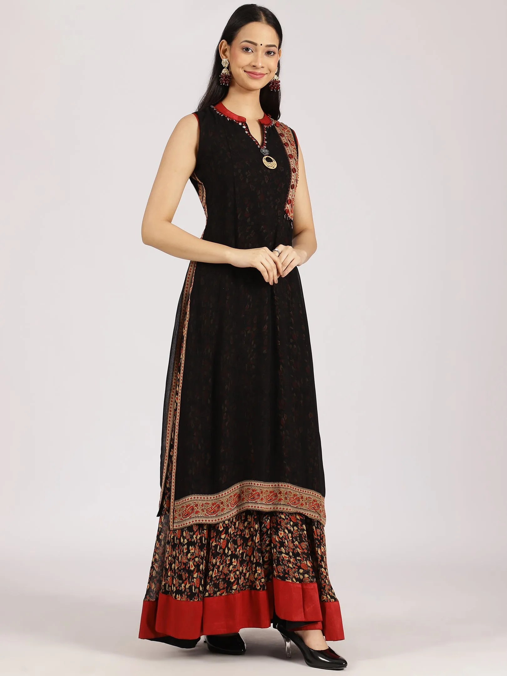 Black & Red Ethnic Printed Anarkali Maxi Dress