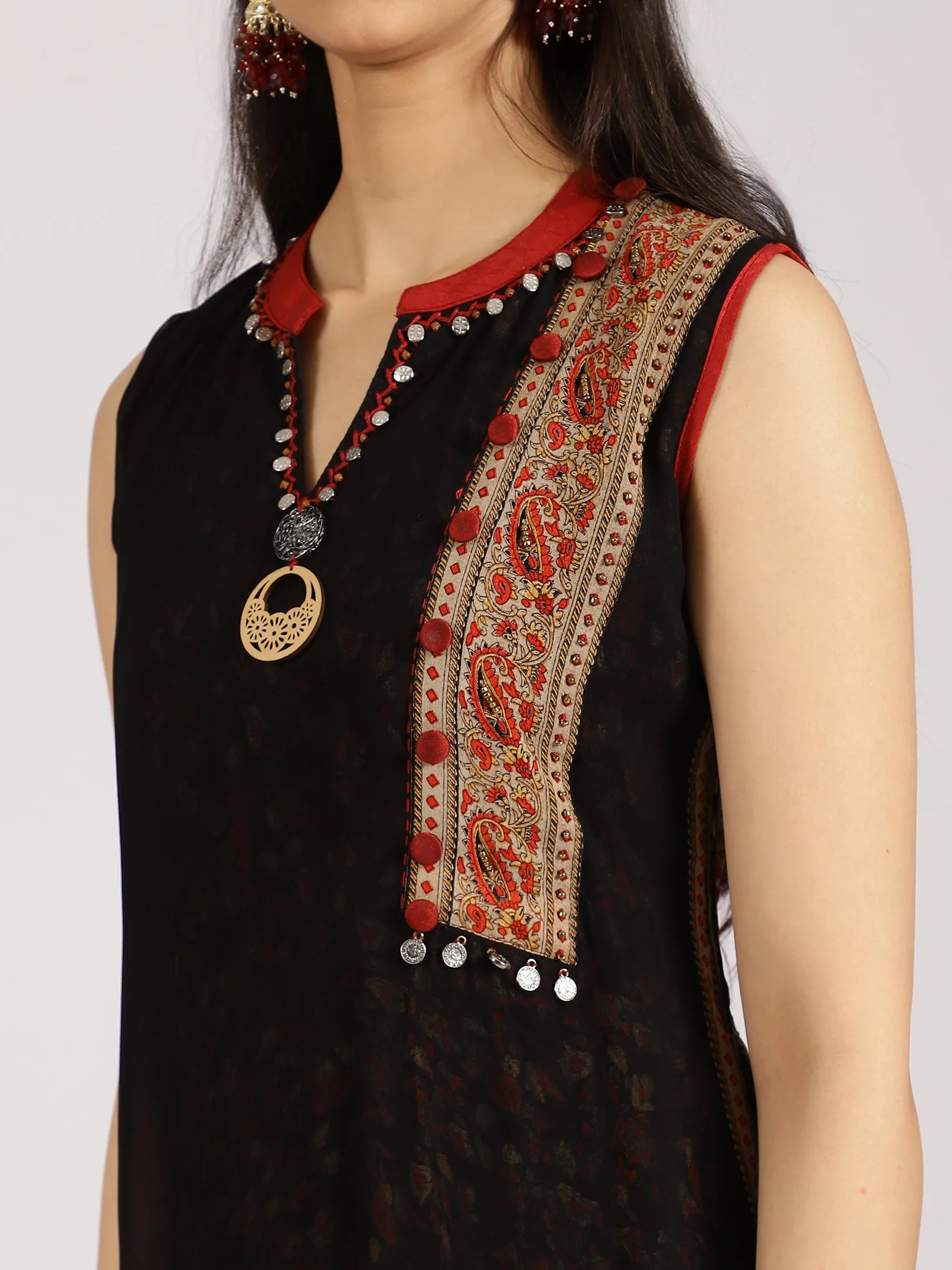 Black & Red Ethnic Printed Anarkali Maxi Dress