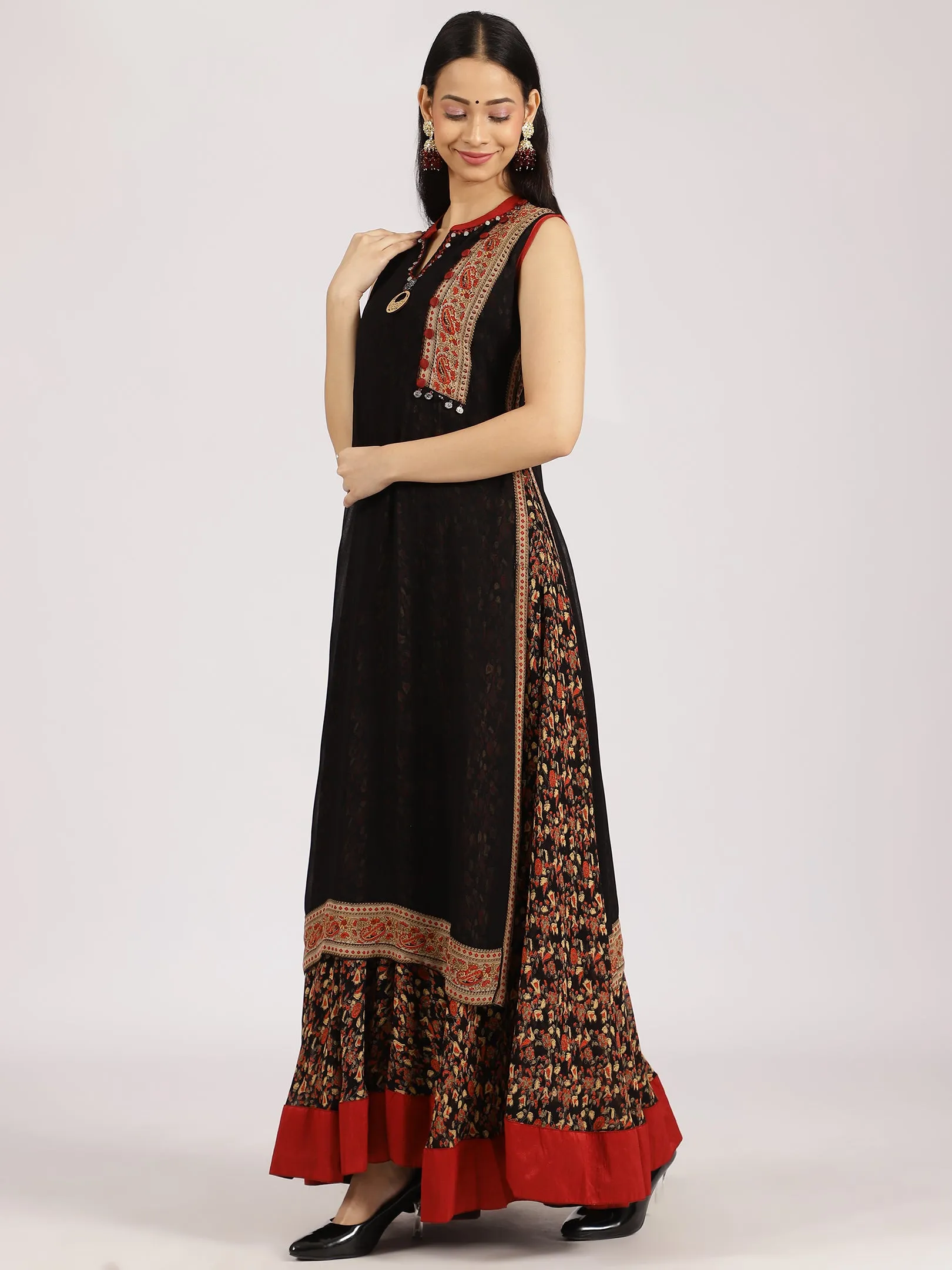 Black & Red Ethnic Printed Anarkali Maxi Dress