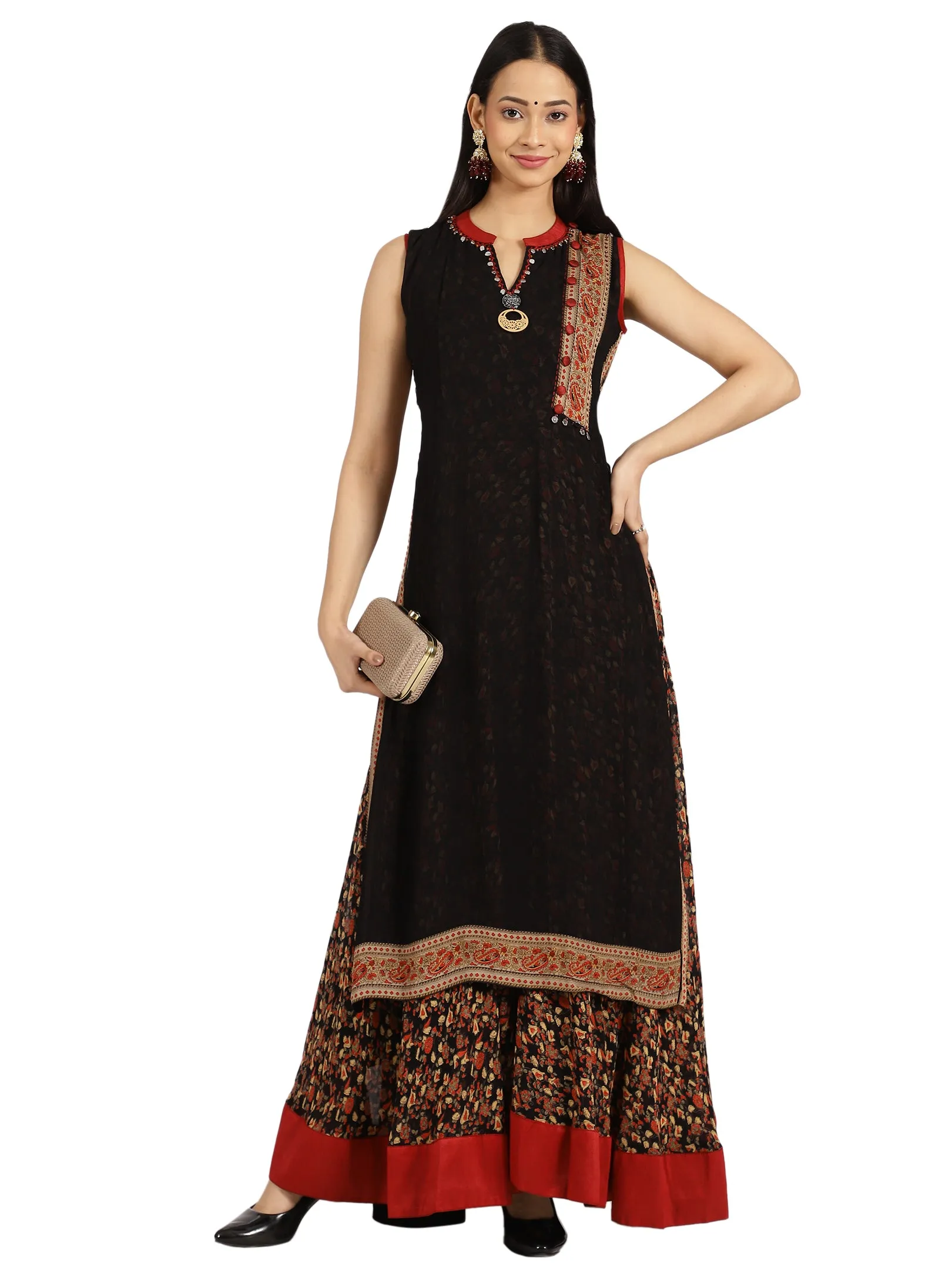 Black & Red Ethnic Printed Anarkali Maxi Dress