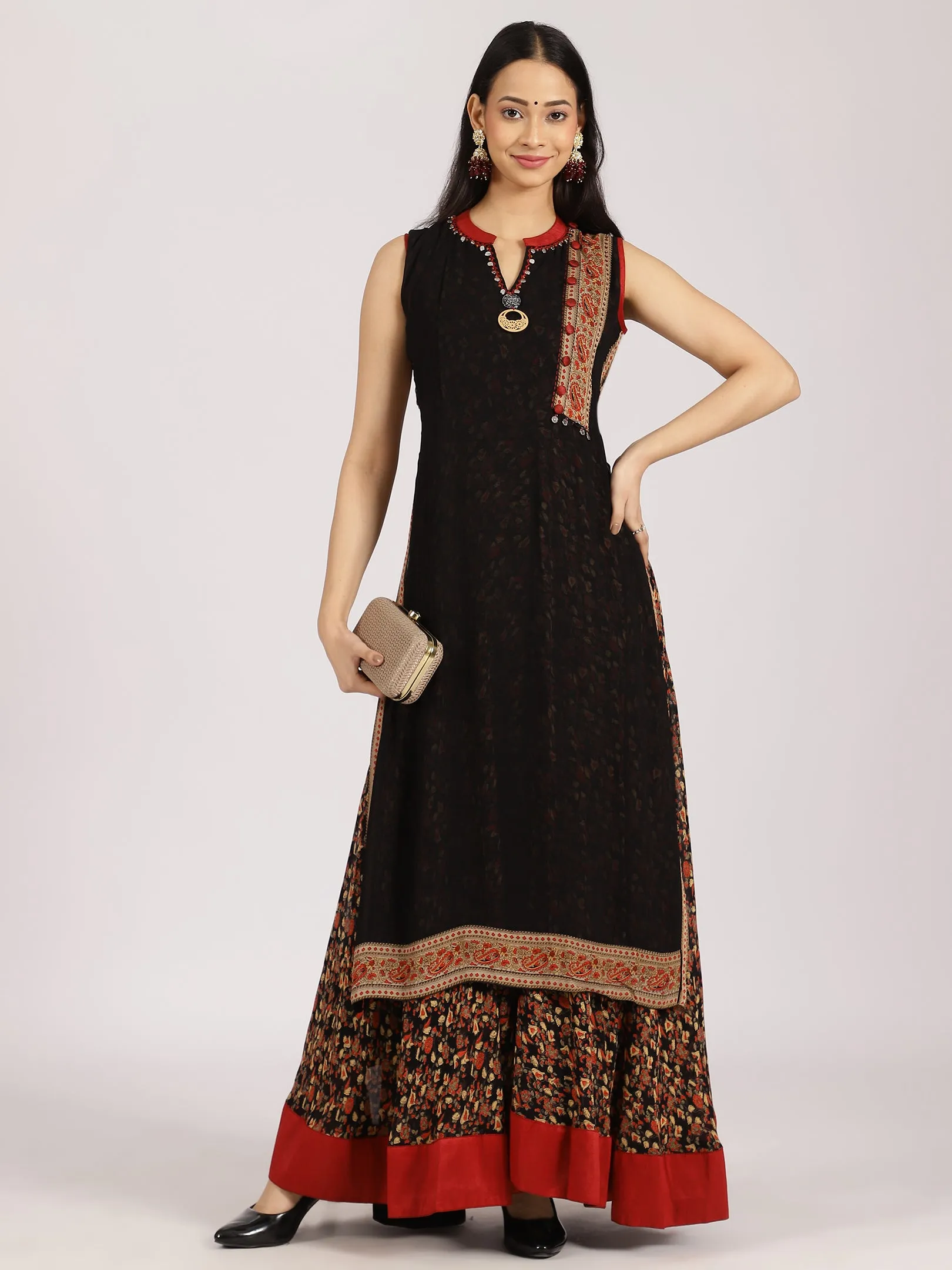 Black & Red Ethnic Printed Anarkali Maxi Dress