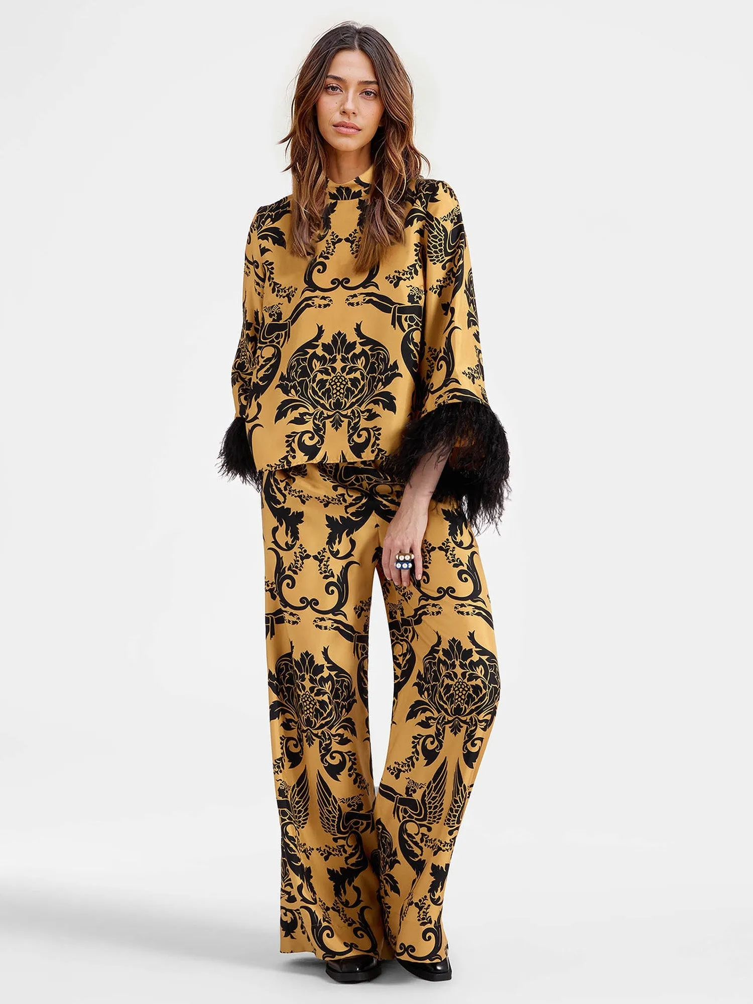 Bohemian Satin Top with Feather Detail