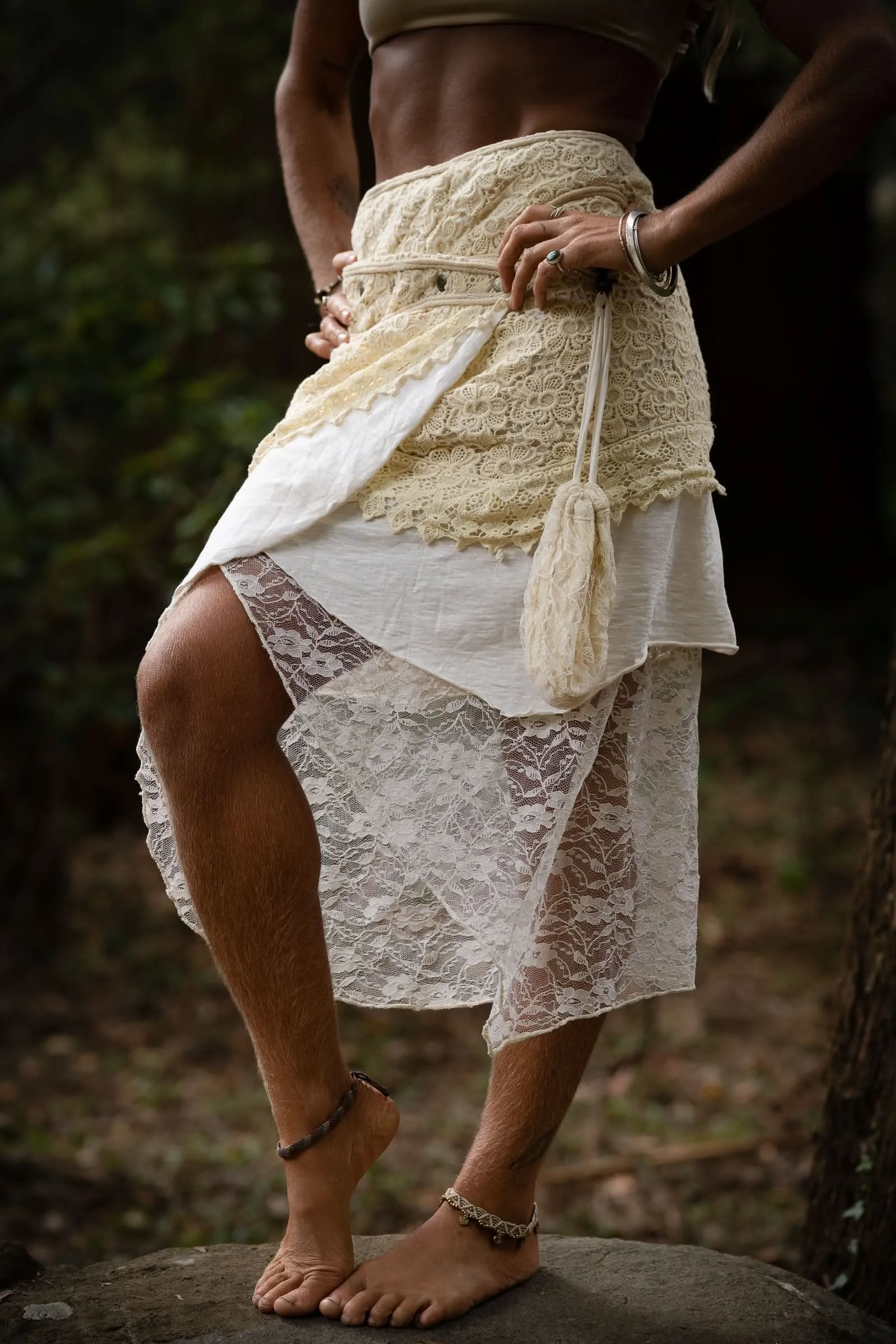 Cotton Crochet Layered Skirt - Cream