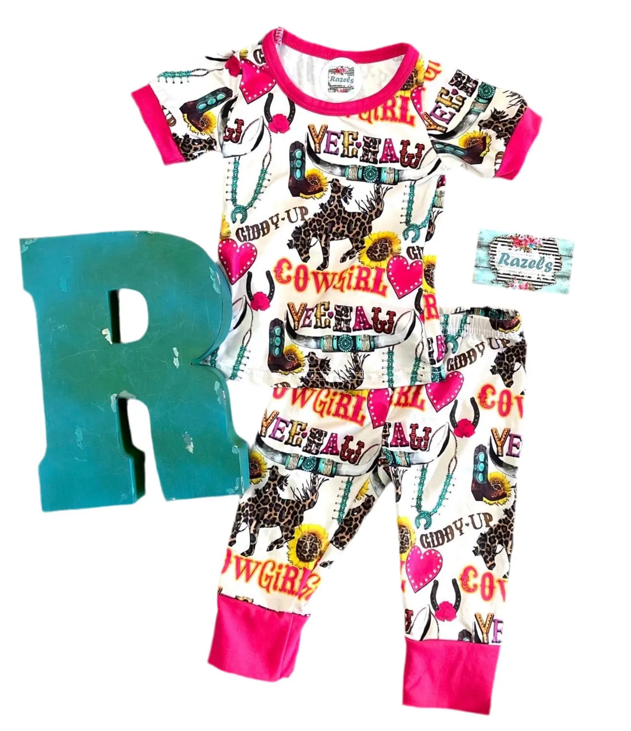 Cowgirl Pajamas / GIDDY UP Yeehaw Pajamas, Pink Hearts and Cowgirls
