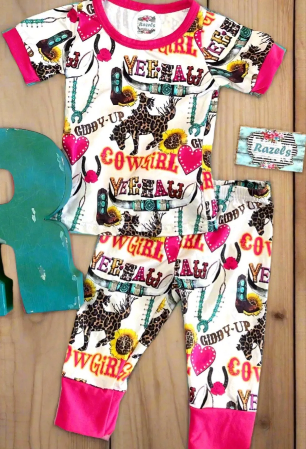 Cowgirl Pajamas / GIDDY UP Yeehaw Pajamas, Pink Hearts and Cowgirls