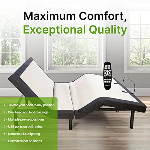 GhostBed Adjustable Bed Frame & Power Base with Wireless Remote - Zero Gravity & Massage Settings, USB Ports, Queen