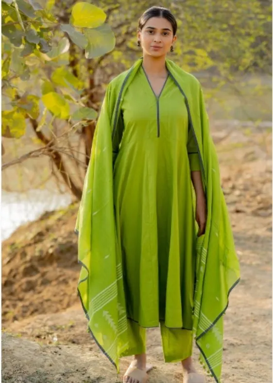 Green Pear Kalidaar Set with Jamdani Dupatta
