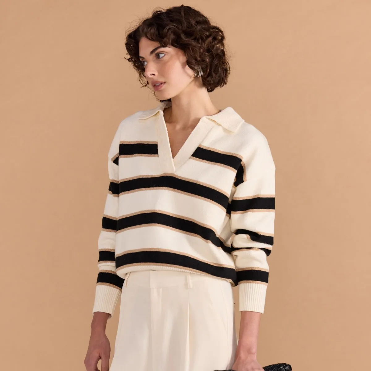 Hudson Polo Jumper (Cream/Black Stripes)