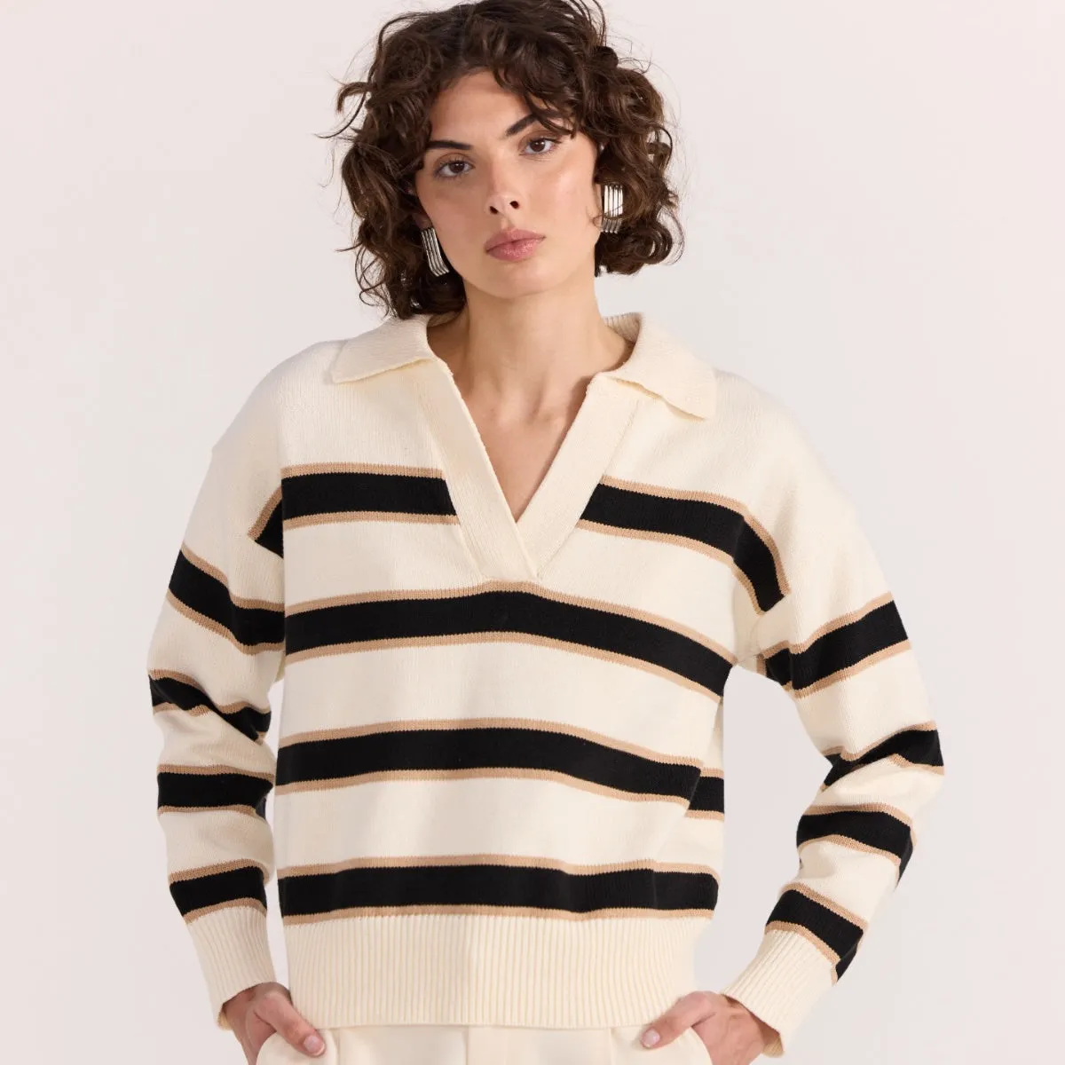 Hudson Polo Jumper (Cream/Black Stripes)