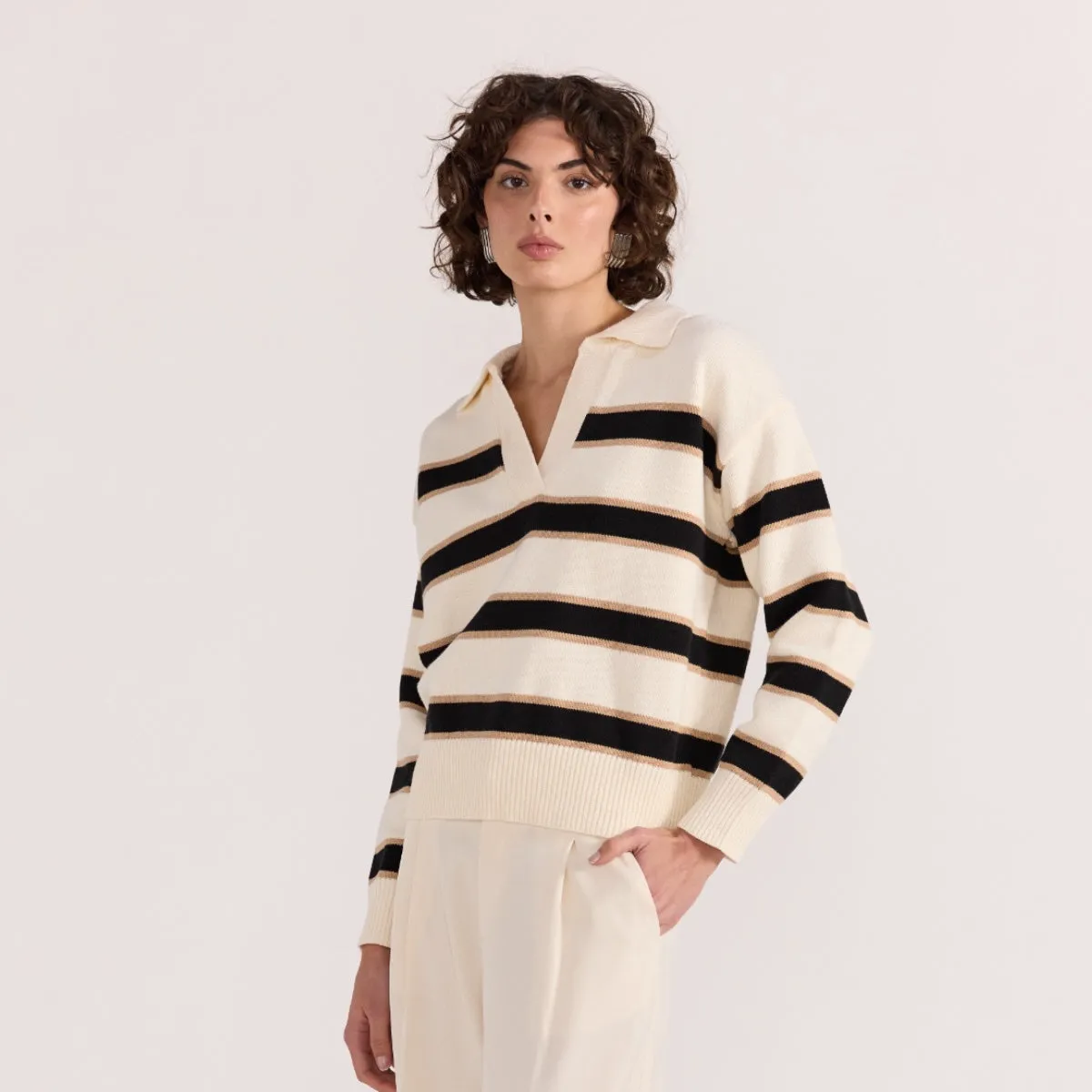Hudson Polo Jumper (Cream/Black Stripes)