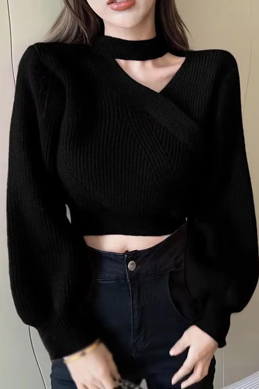 Long Sleeve Cut Neck Slim Sweater
