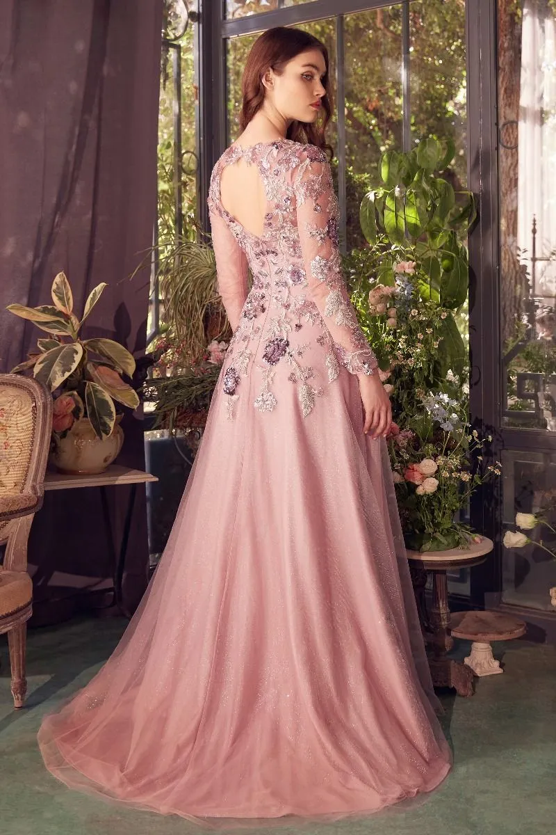 MAUVE LONG SLEEVE SEQUIN EMBELLISHED A-LINE DRESS CDA1356
