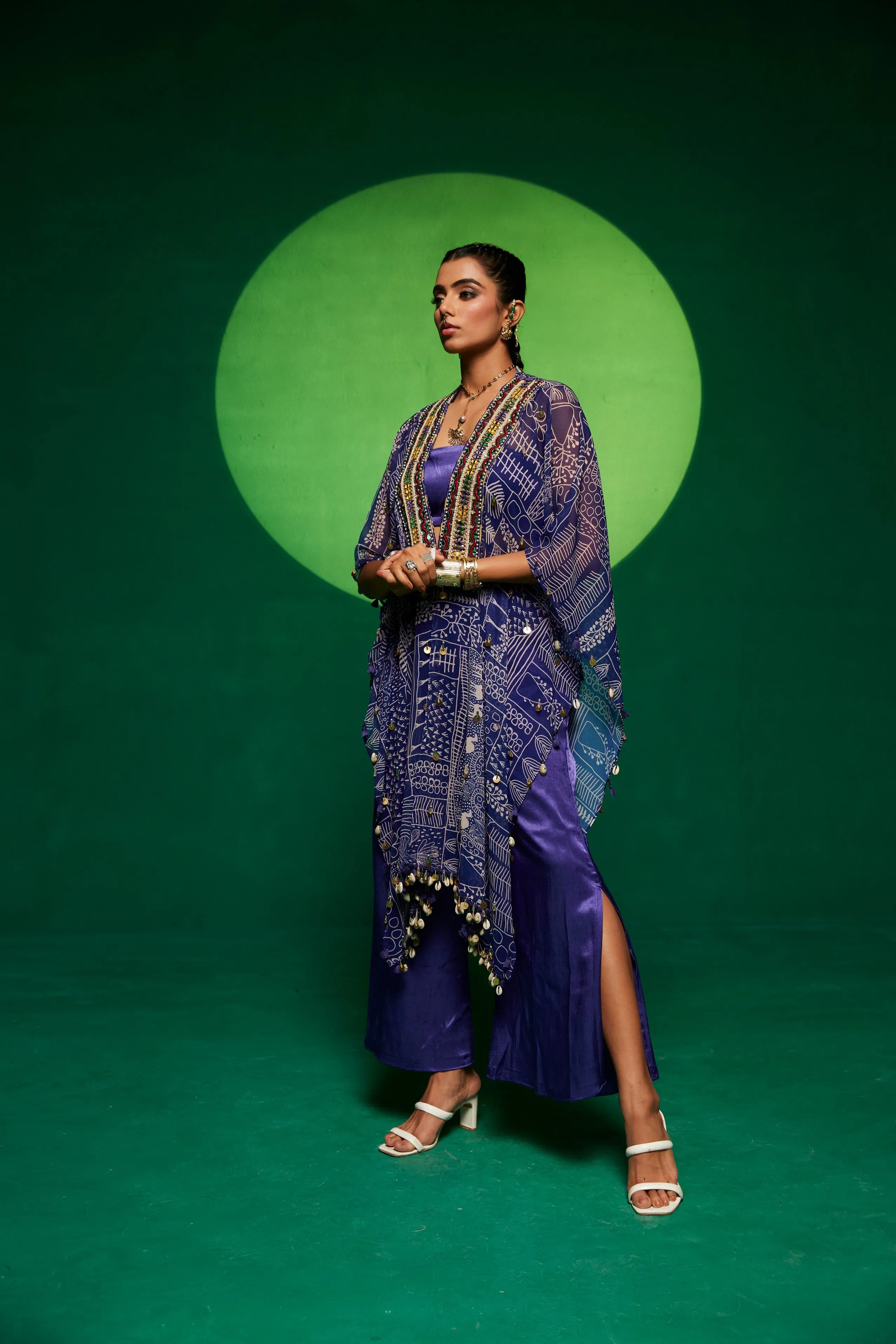 printed Georgette cape with tube top & flared pants