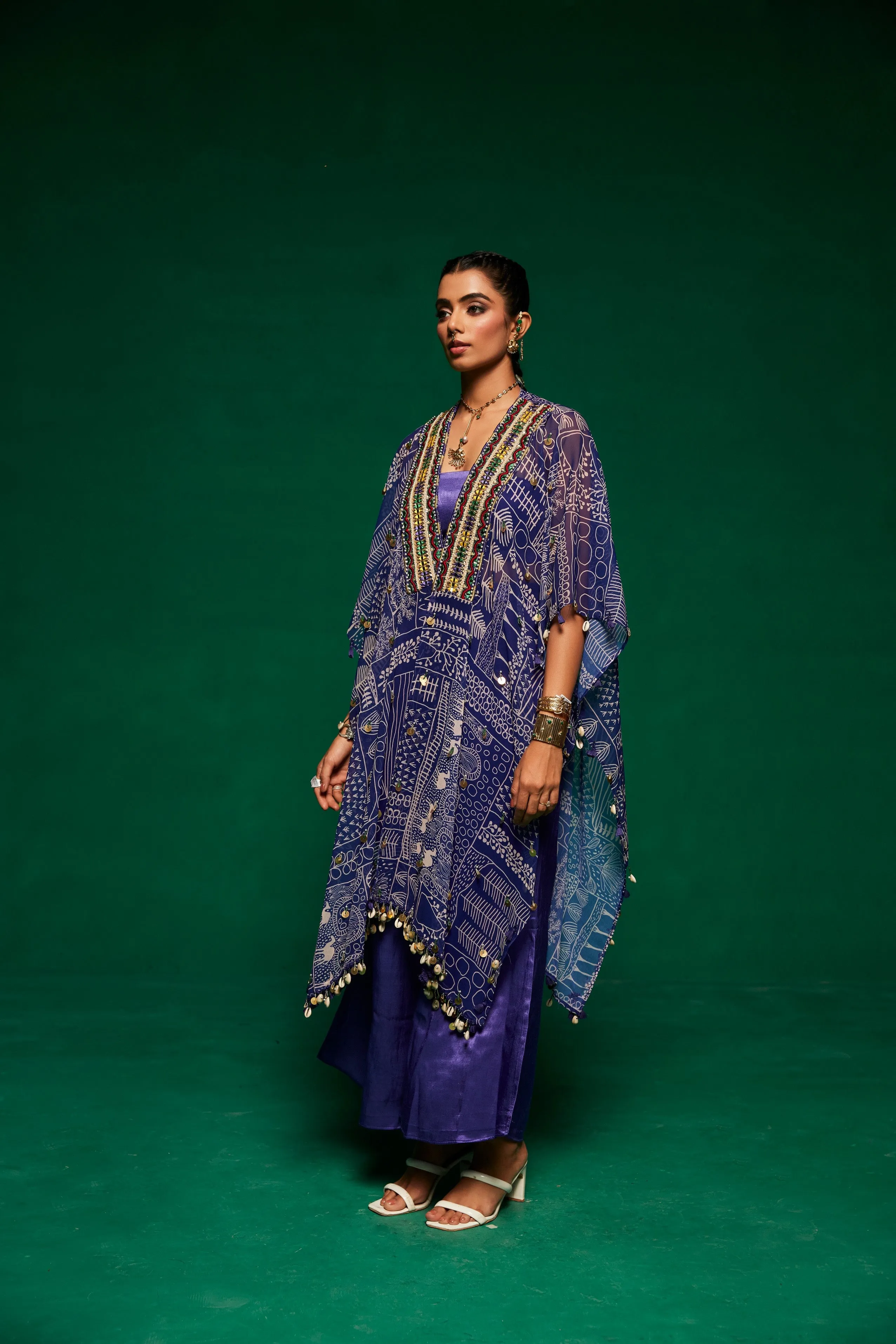 printed Georgette cape with tube top & flared pants