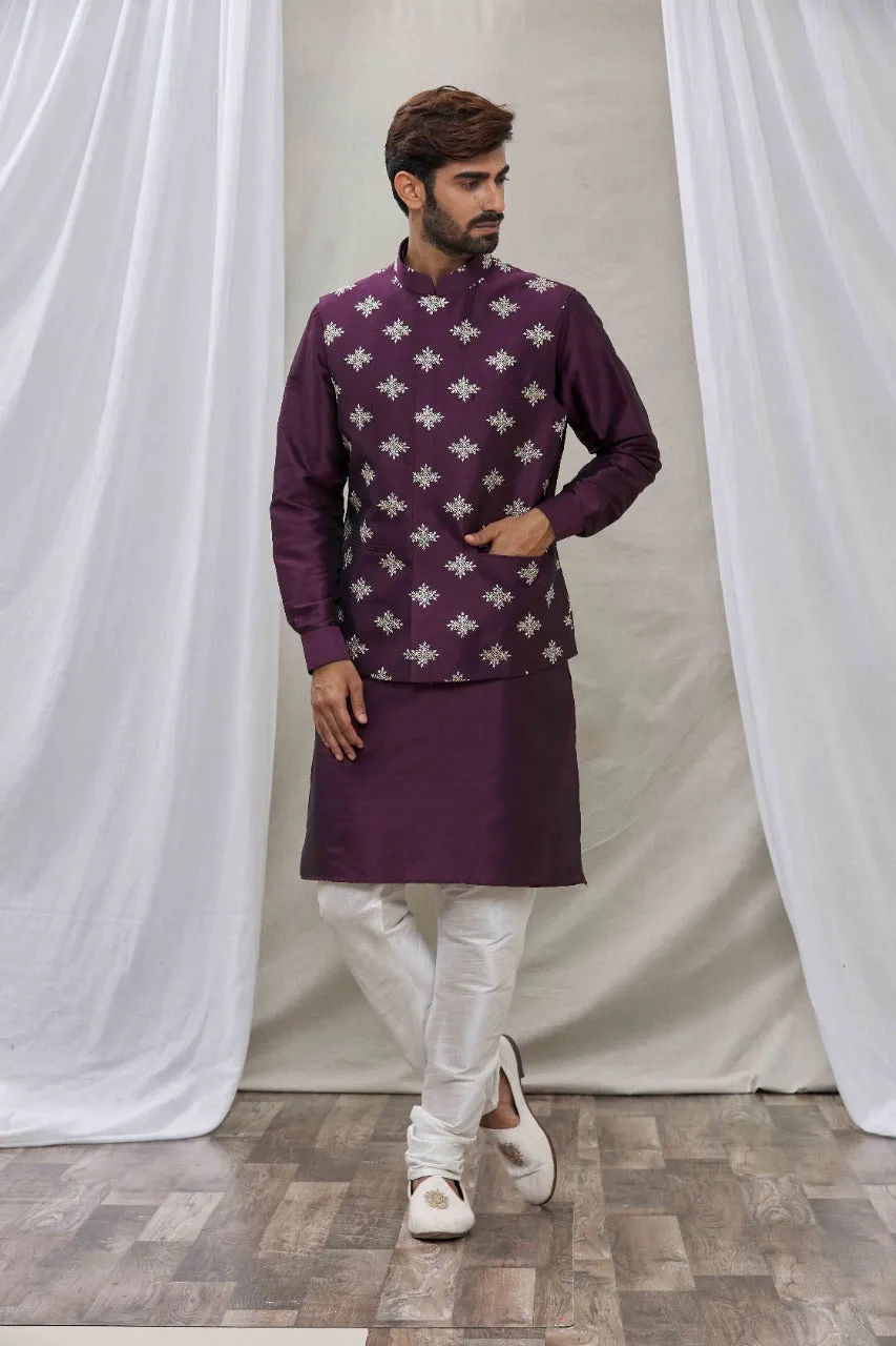 Wine cotton silk jacket set