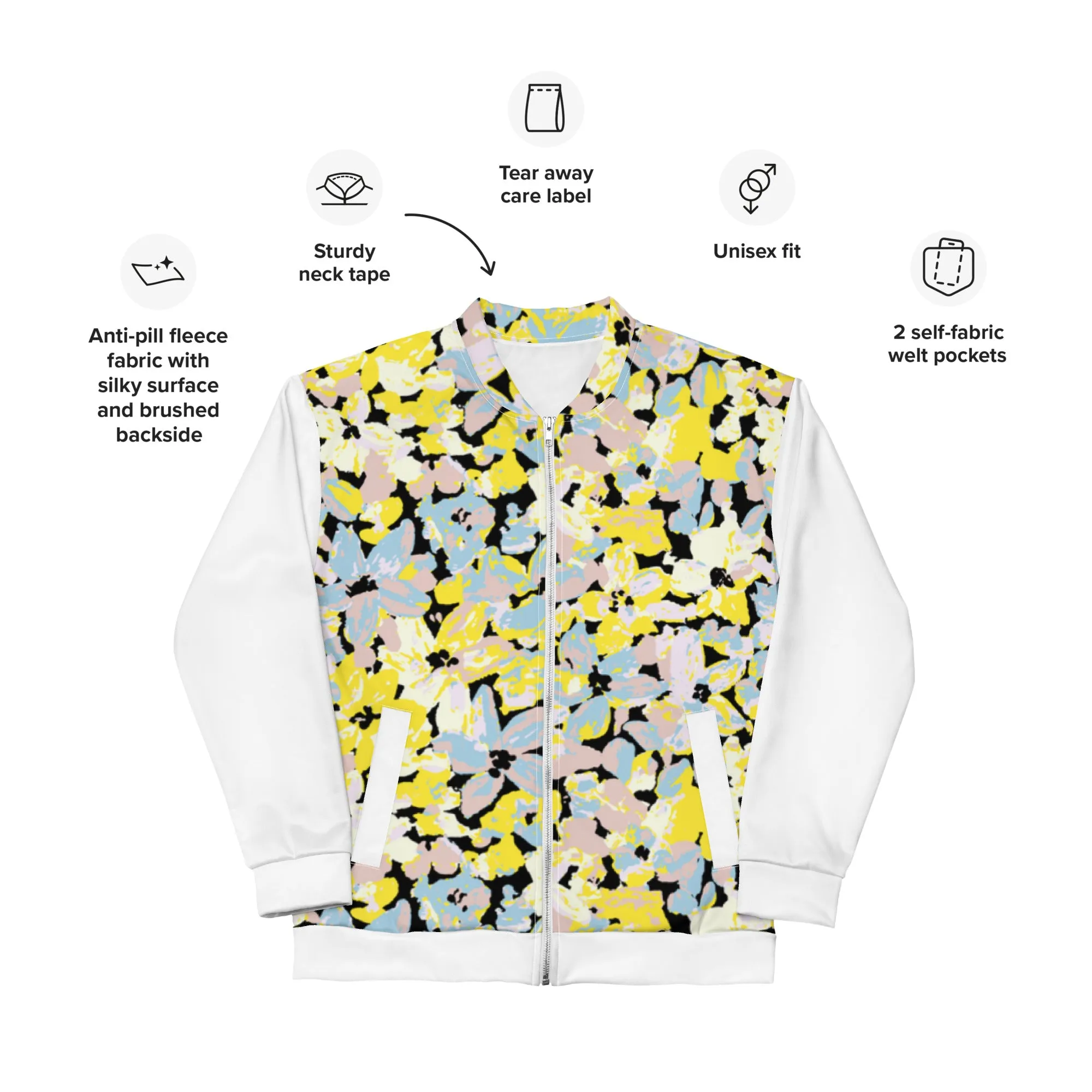 Women's Bomber Jacket With Pockets Zipper Premium Quality Yellow Blue Pink Bloom Design by IOBI Original Apparel