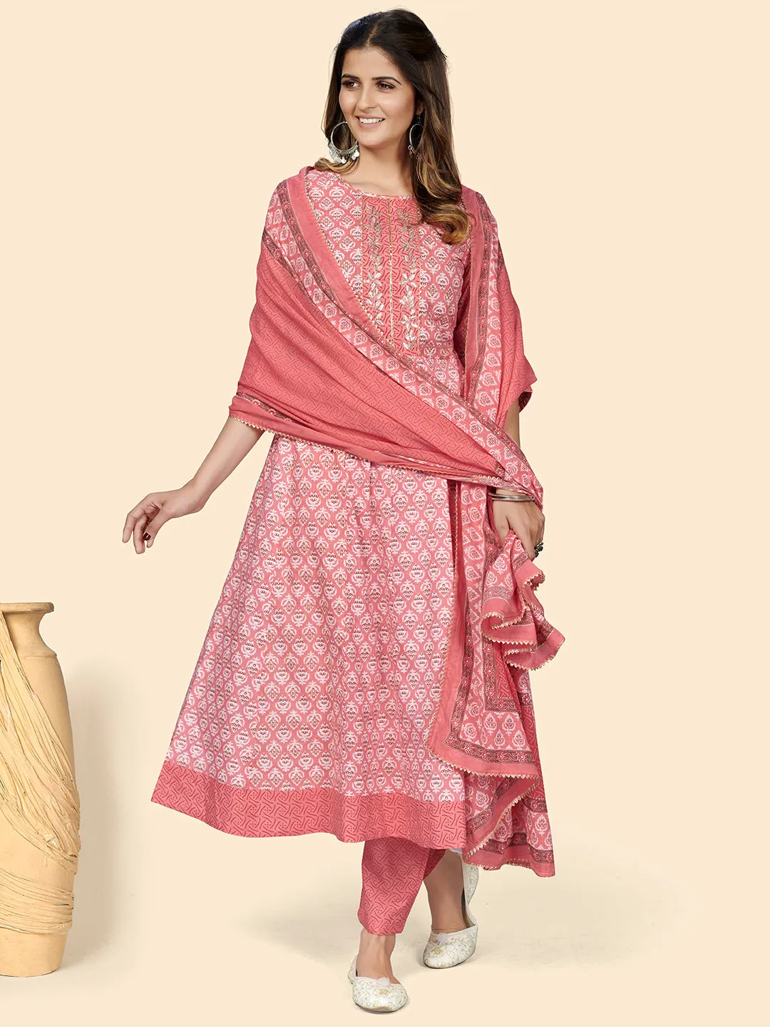 Women'S Peach Anarkali Kurta & Pant With Dupatta Set- (3Pcs Set)